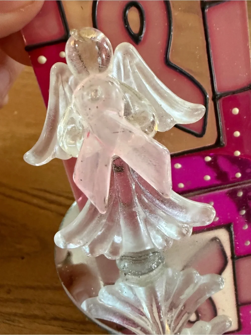 Pink Stained Glass Ribbon Frame with Pink Glass Angel Breast Cancer